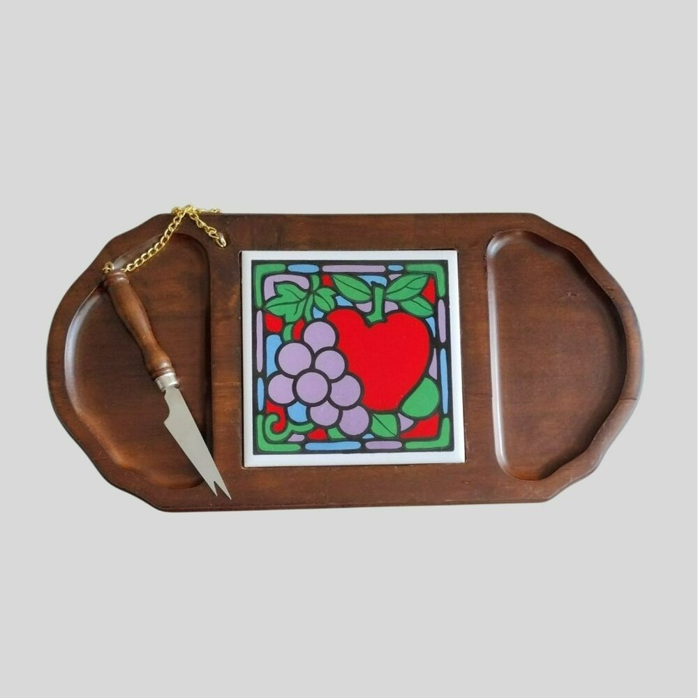 Vintage Wood Tile Cheese Cutting Board With Knife, MCM Ceramic Charcuterie Tray